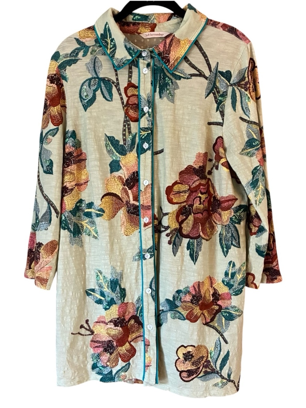 Soft Surroundings Floral Print Contrast Teal Trim Floral Button Tunic Blouse M
